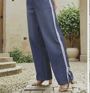 High Rise Contrast Stripe Ankle Tie-Up Baggy Jeans