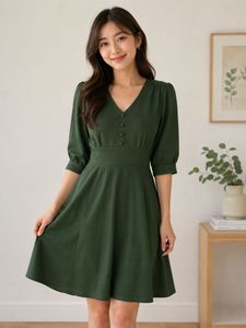 Olive Green V-Neck Fit & Flare Dress