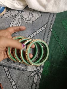 Gold Tone Bangle Set with Green Stones