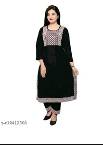 Elegant Black Kurta Set with Embellished Neckline