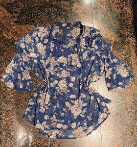 Blue Floral Ruffle Blouse