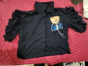 Navy Blue Cute Teddy Bear Collared Top