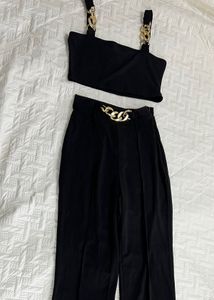 Black Crop Top and Pant set with Gold Chain