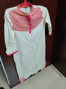 White Kurti with Pink Mirror Embroidery
