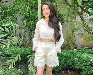 White Lace Trim Crop Top and Shorts Set