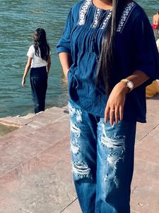Teal / navy blue color Boho Tunic Top with Tassel
