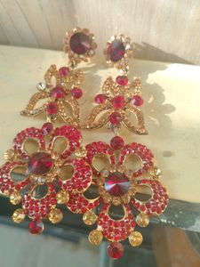 Elegant Red &amp; Gold Floral Earrings