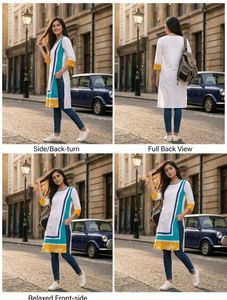 Stylish White Kurta with Blue &amp; Yellow Accents