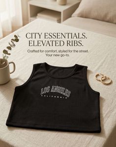 Black Ribbed "Los Angeles" Crop Top