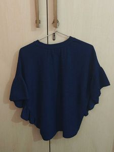 Navy Blue Textured Flutter Sleeve Top