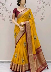 Elegant Yellow Silk Saree with Maroon Border