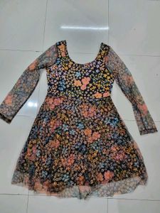 Chic Floral Print Mesh Sleeve Dress