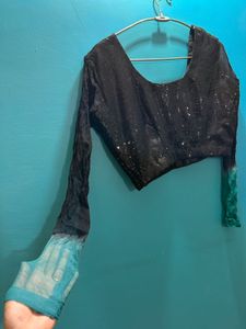Sparkly Black & Teal Saree Ombre Blouse