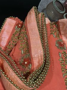 Beautiful Embroidered Peach Saree with Blouse