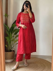 Elegant Red Kurta with Embellished Neckline