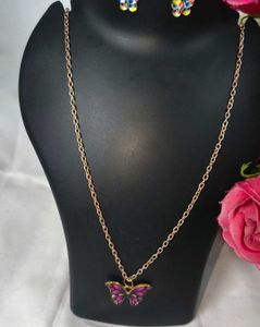 Delicate Chain Metal Combo Pink Necklace Eyerring