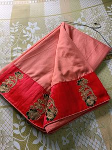 Elegant Peach &amp; Red Embroidered Saree