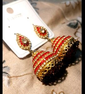 Red &amp; Gold Jhumka Earrings