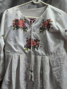 Floral Embroidered White Top &amp; Dhoti Set