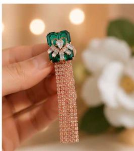 Elegant Green Gemstone Tassel Earrings