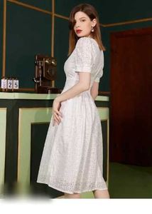 Elegant White Puff Sleeve Chiken Midi Dress