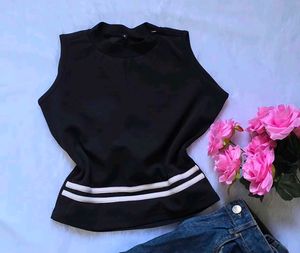 Sleeveless Black Top with White Stripes
