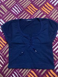 Navy Blue Lace-Up Crop Top