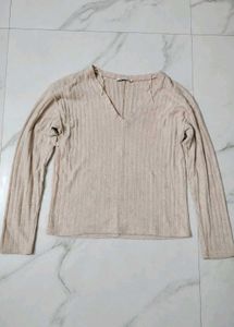 Ribbed V-Neck Long Sleeve Top