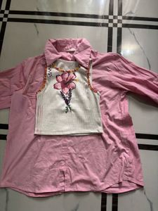 Pink Layered Button-Down Shirt with Floral Top