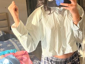 Blue Cropped Button-Up Shirt