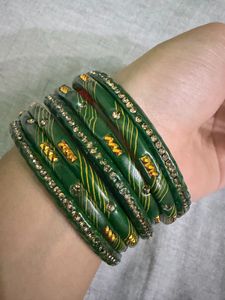 Green Bangles with Stone Embellishments