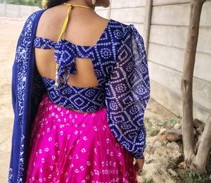 Vibrant Pink &amp; Blue Bandhani Lehenga Choli Set