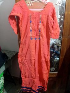 pinkish Orange Kurta with Blue Embroidery