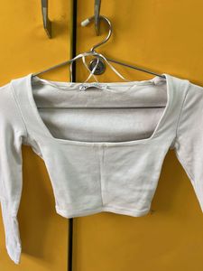 White Long Sleeve Square Neck Crop Top