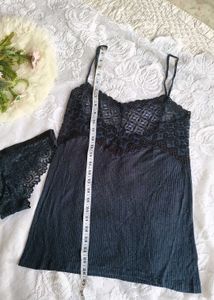 Elegant Navy Lace Chemise &amp; Panty Set