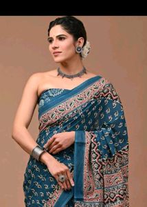 Beautiful Blue Block Print Saree - Pure Cotton