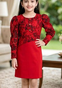 Red Printed Puff Sleeves dress 8to10 years