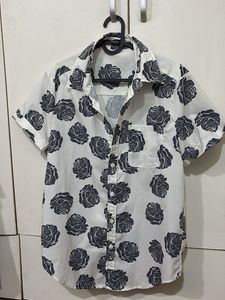 Men's White Rose Print Short Sleeve Shirt