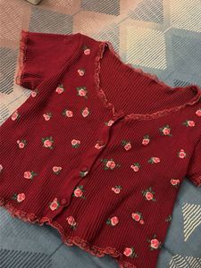 Red Floral Print Knit Top