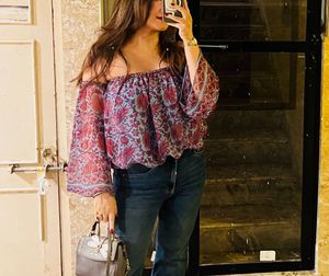 Label Ritu Kumar Sheer Floral off shoulder Top