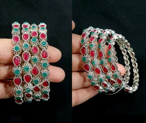 Set Of 4 Oxidised Pink &amp; Green Stone Bangles (2.4)