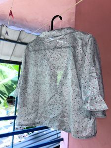 Light Blue Heart Print Button-Up Shirt