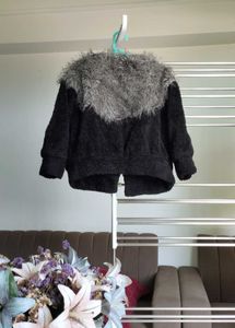 Fuzzy Black Cardigan with Faux Fur Collar
