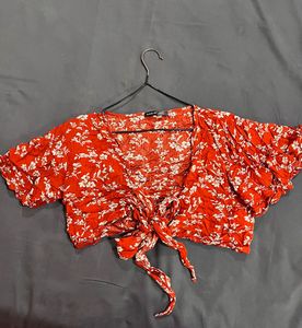 Red Floral Tie-Front Crop Top