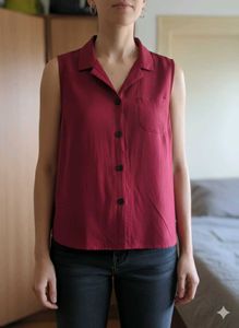 Red Sleeveless Button-Down Top