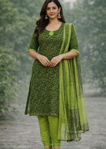 Green&black Kurta set(kurti, pant, duppata)
