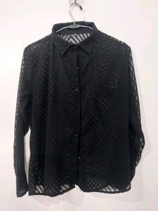Black Textured Sheer Button-Up Shirt