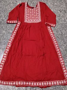 Red Embroidered Nyra Cut Kurta Set