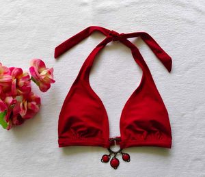 Chic Red Halter Bikini Top with Embellishments