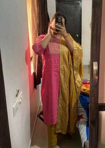 Beautiful Pink Kurta Set with Golden Dupatta